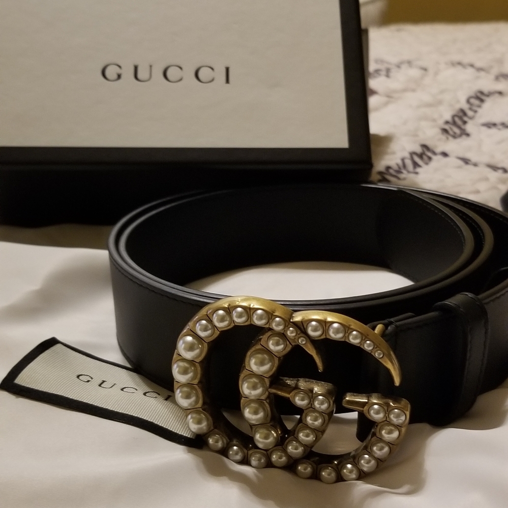 Gucci Leather Belt w Pearl Double G